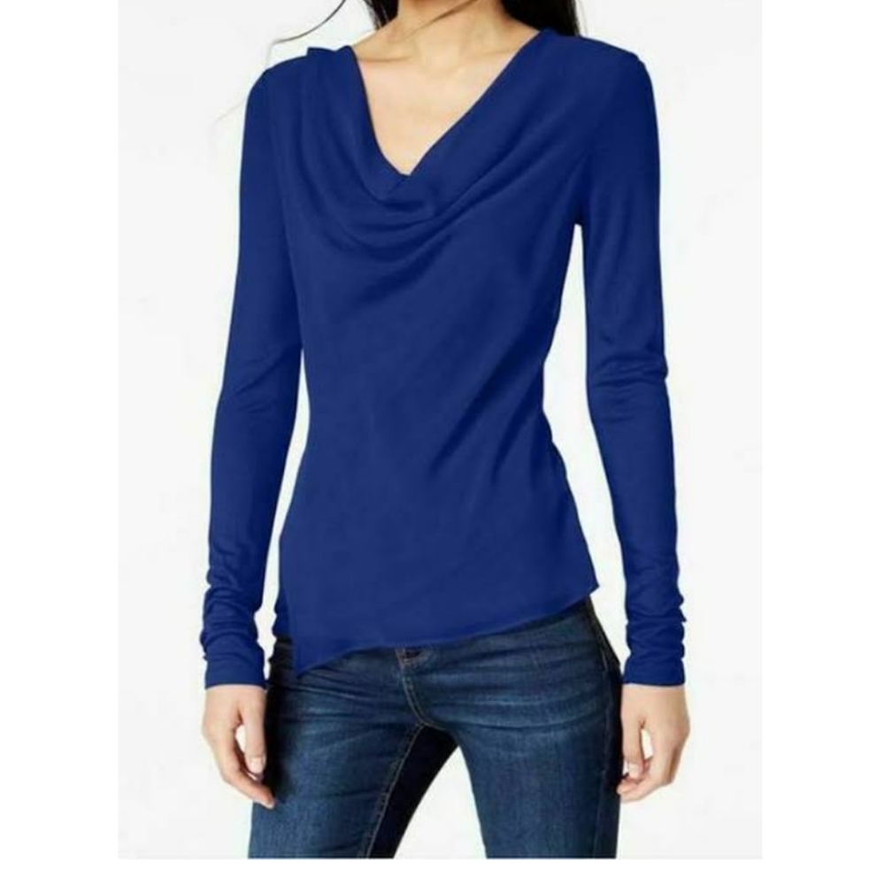 INC Bright Blue Cowl-Neck Blouse Size PXL